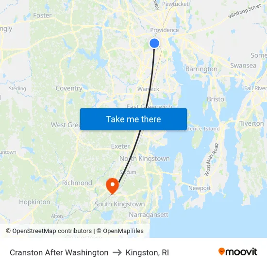 Cranston After Washington to Kingston, RI map