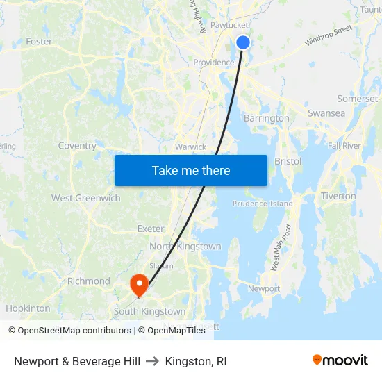 Newport & Beverage Hill to Kingston, RI map