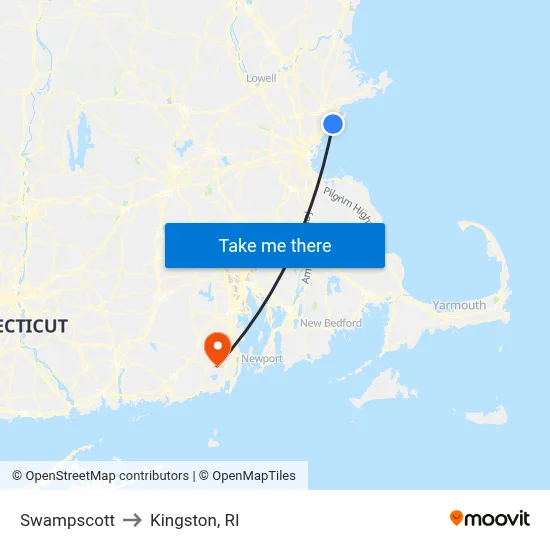 Swampscott to Kingston, RI map