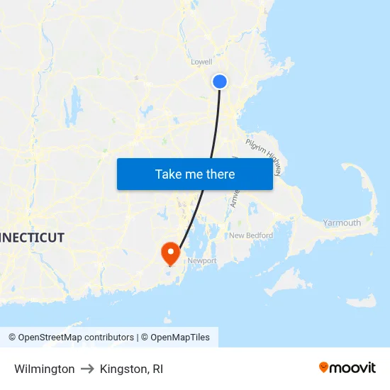 Wilmington to Kingston, RI map