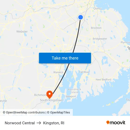Norwood Central to Kingston, RI map