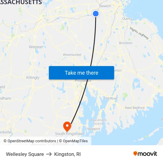 Wellesley Square to Kingston, RI map