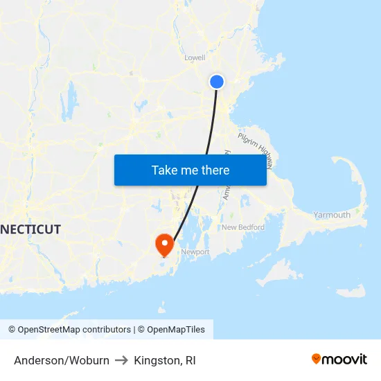 Anderson/Woburn to Kingston, RI map