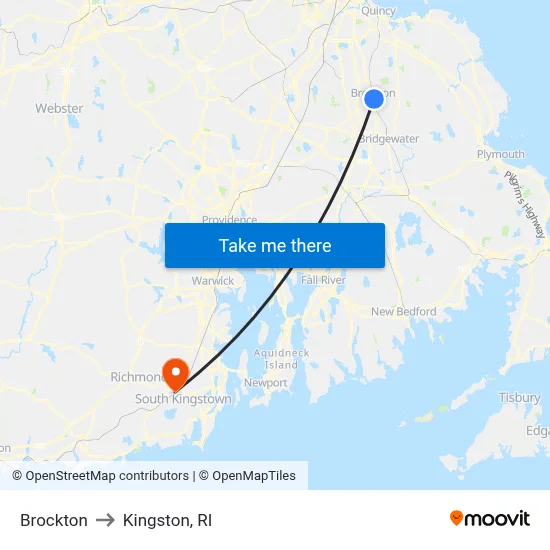 Brockton to Kingston, RI map