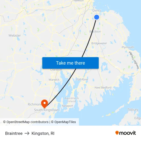 Braintree to Kingston, RI map