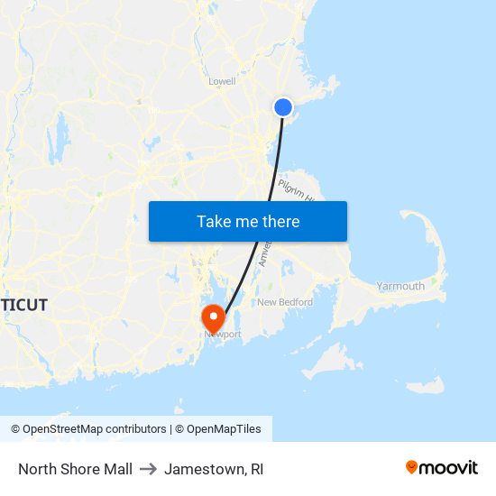 North Shore Mall to Jamestown, RI map