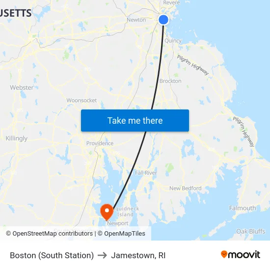 Boston (South Station) to Jamestown, RI map