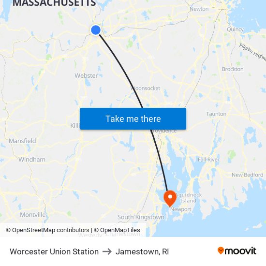 Worcester Union Station to Jamestown, RI map