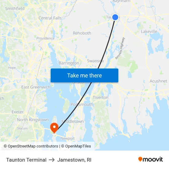 Taunton Terminal to Jamestown, RI map