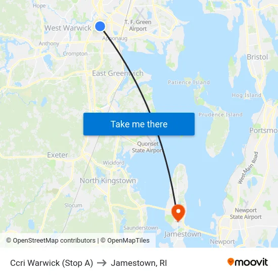 Ccri Warwick (Stop A) to Jamestown, RI map