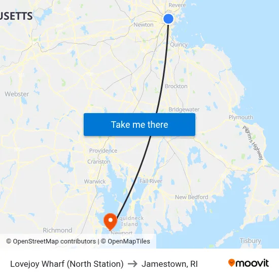 Lovejoy Wharf (North Station) to Jamestown, RI map