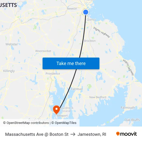Massachusetts Ave @ Boston St to Jamestown, RI map