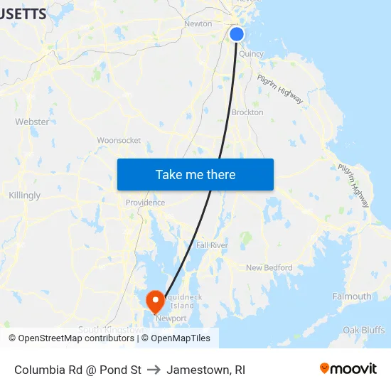 Columbia Rd @ Pond St to Jamestown, RI map
