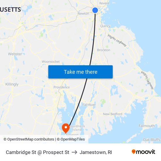 Cambridge St @ Prospect St to Jamestown, RI map