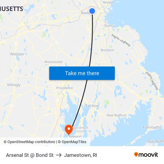 Arsenal St @ Bond St to Jamestown, RI map