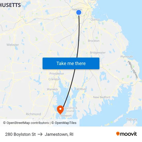 280 Boylston St to Jamestown, RI map