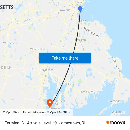 Terminal C - Arrivals Level to Jamestown, RI map