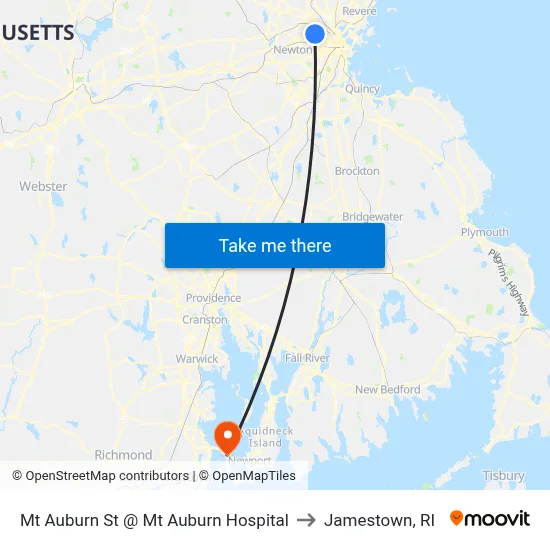 Mt Auburn St @ Mt Auburn Hospital to Jamestown, RI map