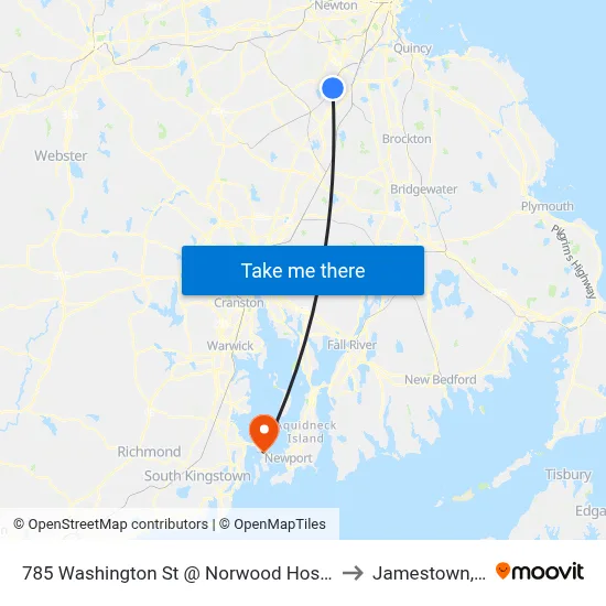 785 Washington St @ Norwood Hospital to Jamestown, RI map