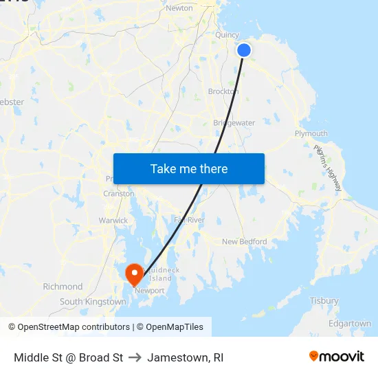 Middle St @ Broad St to Jamestown, RI map