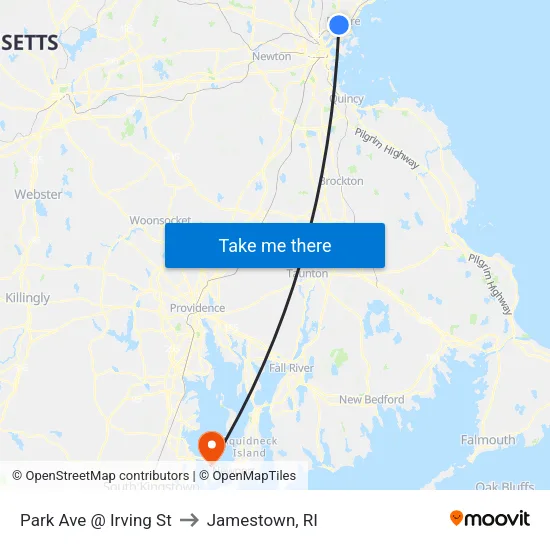 Park Ave @ Irving St to Jamestown, RI map