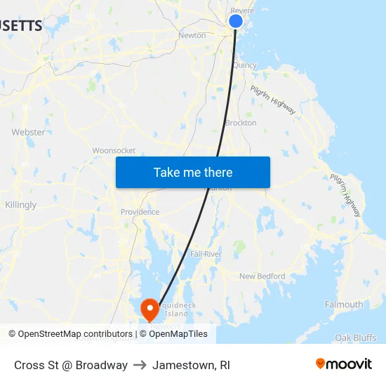 Cross St @ Broadway to Jamestown, RI map