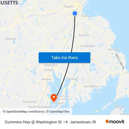 Cummins Hwy @ Washington St to Jamestown, RI map