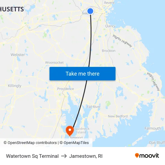 Watertown Sq Terminal to Jamestown, RI map