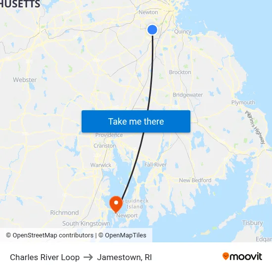 Charles River Loop to Jamestown, RI map