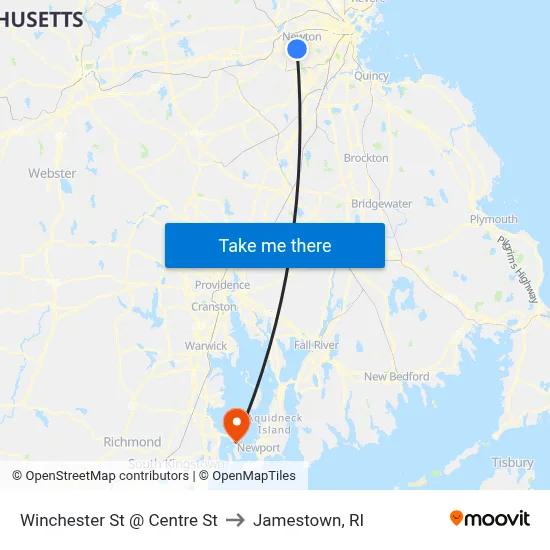 Winchester St @ Centre St to Jamestown, RI map