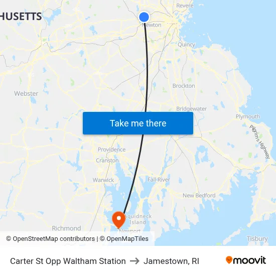Carter St Opp Waltham Station to Jamestown, RI map