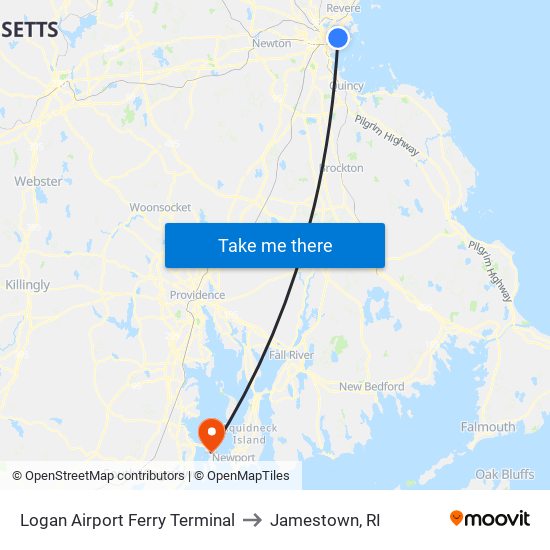 Logan Airport Ferry Terminal to Jamestown, RI map