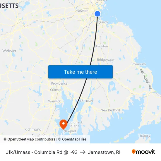 Jfk/Umass - Columbia Rd @ I-93 to Jamestown, RI map