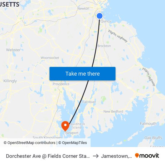 Dorchester Ave @ Fields Corner Station to Jamestown, RI map