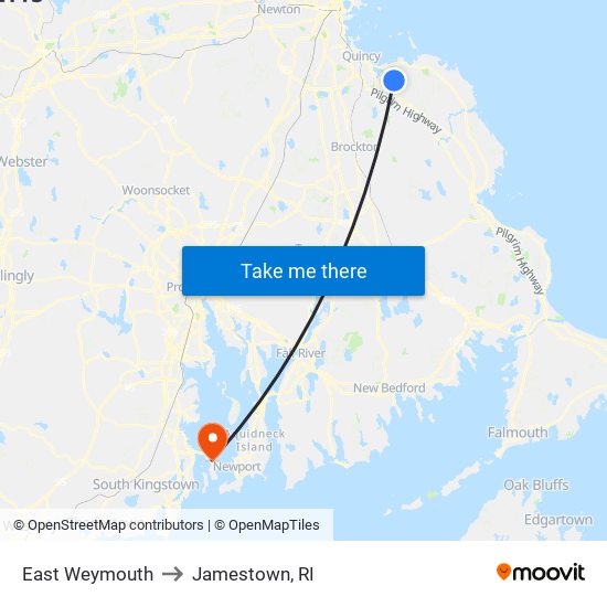 East Weymouth to Jamestown, RI map