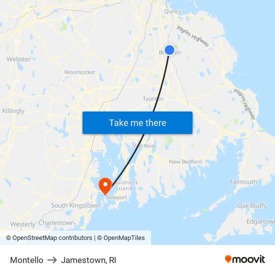 Montello to Jamestown, RI map