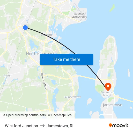 Wickford Junction to Jamestown, RI map