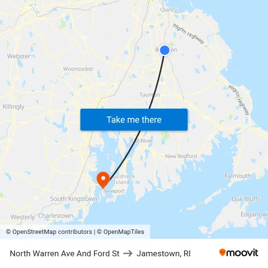 North Warren Ave And Ford St to Jamestown, RI map