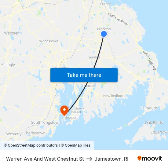 Warren Ave And West Chestnut St to Jamestown, RI map