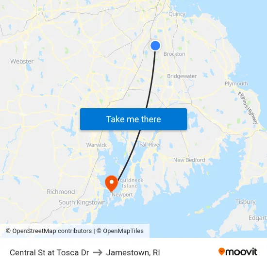 Central St at Tosca Dr to Jamestown, RI map