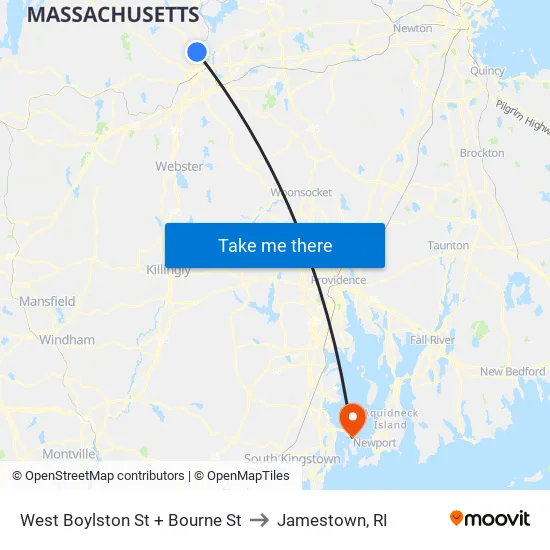 West Boylston St + Bourne St to Jamestown, RI map