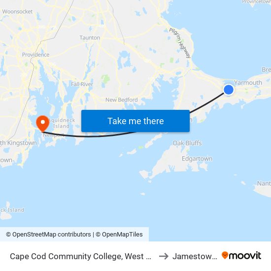 Cape Cod Community College, West Barnstable to Jamestown, RI map