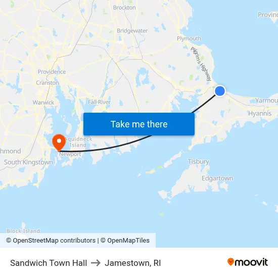 Sandwich Town Hall to Jamestown, RI map