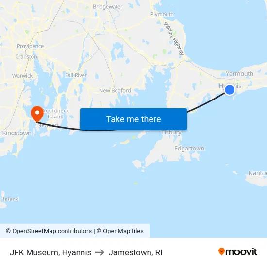 JFK Museum, Hyannis to Jamestown, RI map