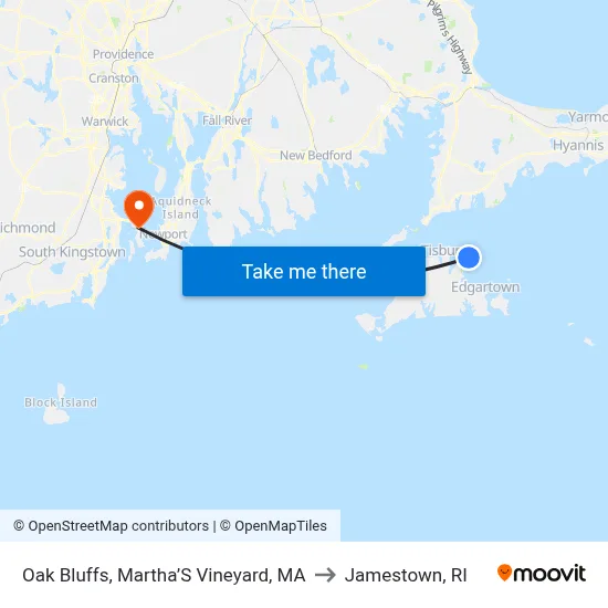 Oak Bluffs, Martha’S Vineyard, MA to Jamestown, RI map