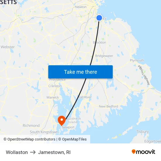Wollaston to Jamestown, RI map