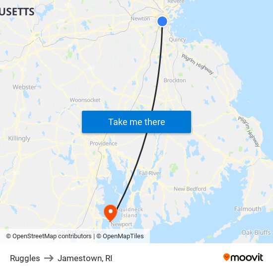 Ruggles to Jamestown, RI map