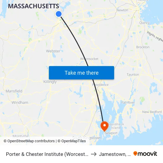 Porter & Chester Institute (Worcester) to Jamestown, RI map
