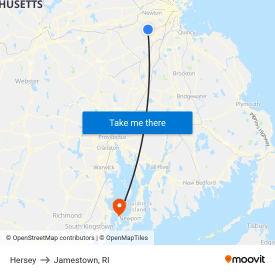 Hersey to Jamestown, RI map