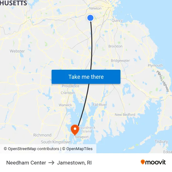 Needham Center to Jamestown, RI map